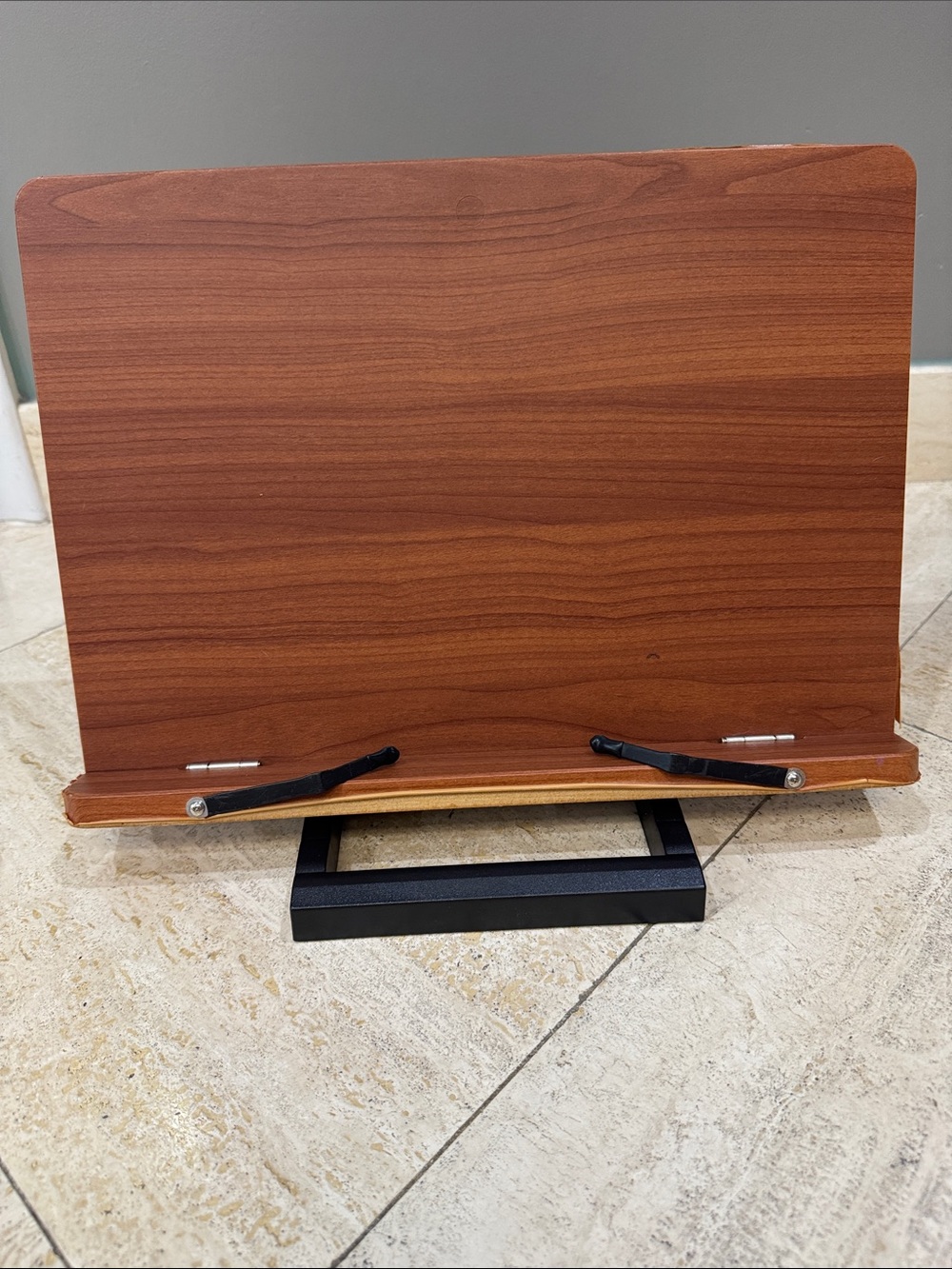 Adjustable Wooden Cookbook & Tablet Stand in Brown with Black Support